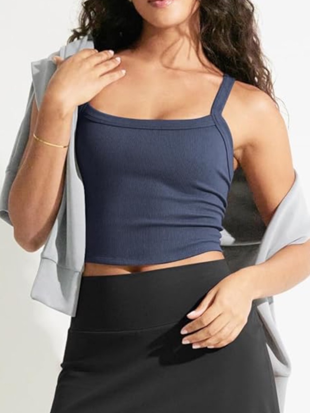 ODODOS Women's Seamless Crop Cami with Wide Scoop Neck - Medium in Navy